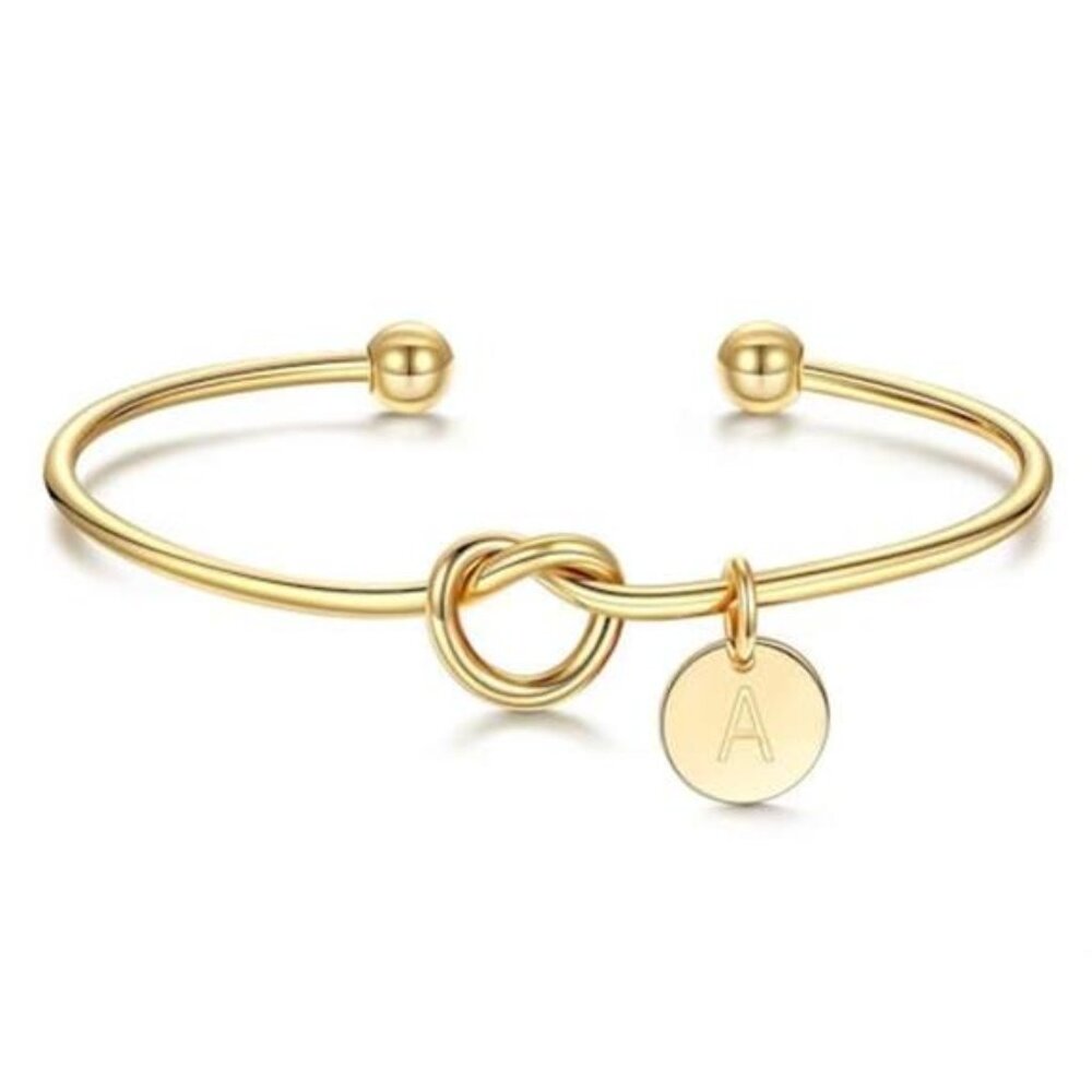 Gold Initial Bracelet Adjustable Cuff Tie the Knot Personalized Bridesmaid Gift